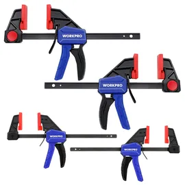 WorkPro Einhandzwingen Set 4 Stück Schraubzwingen Spanner, Spannweite 120mm/150mm, Dehnbereich 200mm/285mm, Spannkraft 23kg/68kg, Stahl und Nylon für präzises Fixieren