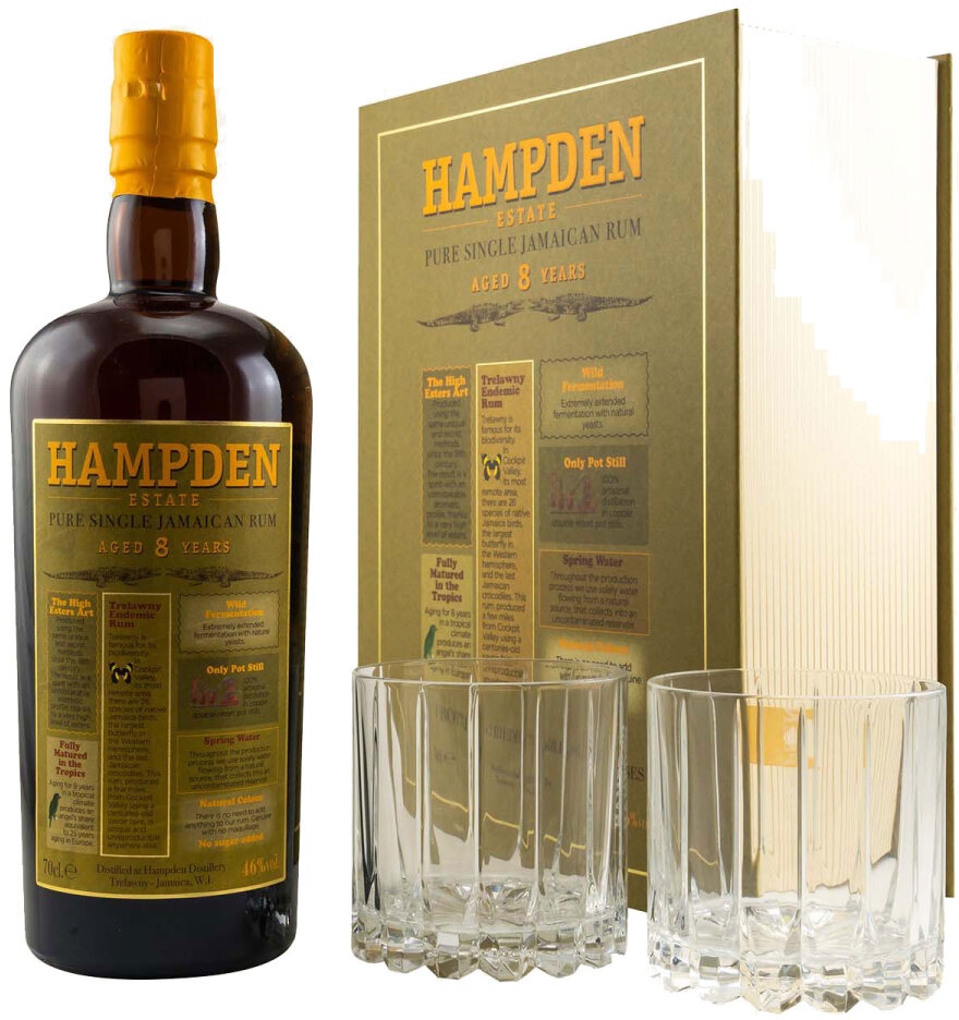 Hampden 8 Jahre - Pure Single Jamaican Rum - Geschenkset mit 2 Gläsern