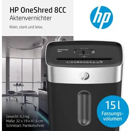 HP OneShred 8CC Black, Aktenvernichter, Sicherheitsstufe P-4, Cross Cut, 8 Blatt, 2826, schwarz/Silber, Partikelschnitt