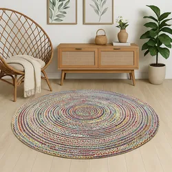 Teppich "Boho Breeze", natur multicolor, H:10mm Ø:150cm, Jute, Baumwolle, MYFLAIR MÖBEL & ACCESSOIRES, Teppiche, Juteteppich, handgeflochten, Wendeteppich, farbige Baumwoll-Akzente
