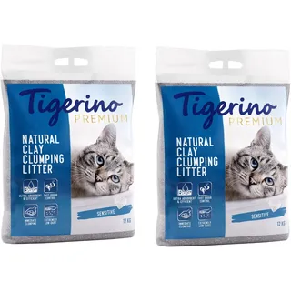 Tigerino Premium Katzenstreu, ergiebige Klumpstreu aus Naturton-Granulat: feinkörnig, schnelle und Starke Klumpenbildung, bindet Gerüche (2x12kg, Sensitive)