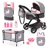 Bayer Design 17033AB, Puppenwagen-Set Xeo, Puppenbett, Trage, Schlafsack, Tasche, Zubehör, Jeans-grau, rosa