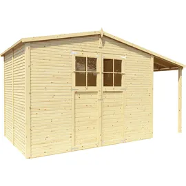 Konifera Gartenhaus KONIFERA "Alto 4 PLUS Fineline Satteldach", beige (naturbelassen), ohne Fußboden, ohne Rück- und Seitenwand, Holzwerkstoff, Gartenhäuser, mit Anbaudach