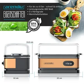 Arendo Eierkocher 6-fach, 400 W, Edelstahl, Warmhaltefunktion, Härtegrad einstellbar, für 6 Eier, Kupfer
