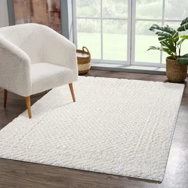 Carpet City Teppich Wohnzimmer Hochflor Creme - 80x150 cm - Hochtief-Muster, 3D-Effekt Bordüre - Bettvorleger Schlafzimmer Teppiche Boho, Skandi