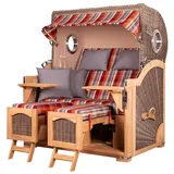 Mr. Deko bene living Strandkorb Komplettset Ammersee Grande XL Teak Bullauge PE Grau Modell 584 Inkl Liftersystem Schutzhülle Doppelrollen Glasbecherhalter