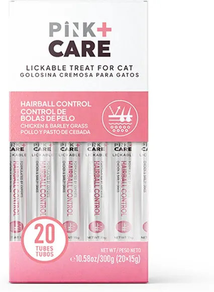 PINK+CARE Funktionale Katzensticks – Huhn & Gerstengras, 20 Sticks × 15g – Ohne Zusatzstoffe, Getreidefrei & Sojafrei – Verdauungs- & Haarballenunterstützung – Vertrauenswürdige Kanadische Marke
