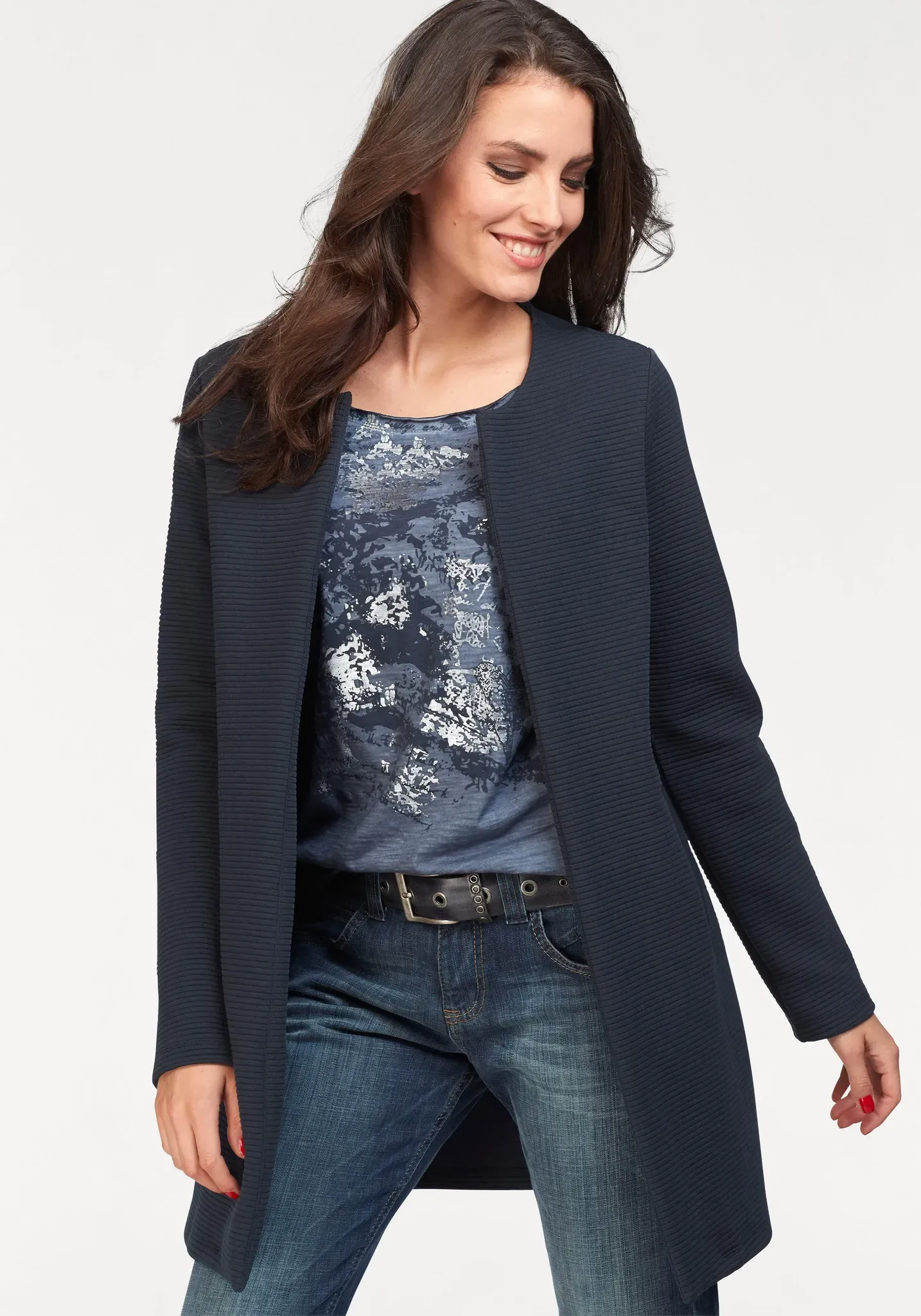 Longblazer ANISTON SELECTED, Damen, Gr. 40, blau (marine), Ottomane, Obermaterial: 100% Polyester, unifarben, figurumspielend ca. Mitte Oberschenkel, Rundhals, eingesetzt normaler Saum, Blazer Longblazer, in modischer Länge