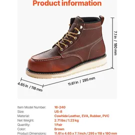 Vevor Arbeitsstiefel mit Stahlkappe, US-Größe 8, wasserdichte Arbeitsschuhe für Herren, Sicherheitsschuhe, leichte und atmungsaktive Herrenstief... - Braun