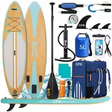 Stand Up Paddle Board 320x84x15 cm, MB. bis 160 kg, extra breit, Holzoptik SUP Board Set mit Paddel, Pumpe, Rucksack für Anfänger & Erwachsene