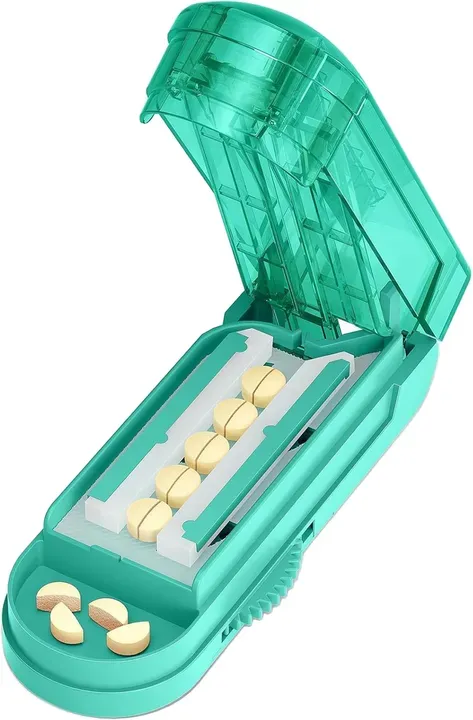 VVM Tablettenteiler für kleine und winzige Tabletten, professioneller verstellbarer Tablettenteiler mit versteckter Edelstahlklinge, schneidet sicher mehrere Tabletten gleichzeitig, Cyan