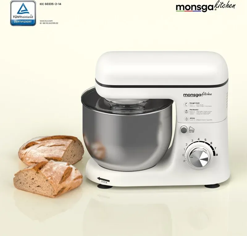 Monsga SM100 Küchenmaschine 1000W, Cremeweiß, 6,0L Edelstahl-Rührschüssel, Leise, mit Super-Antihaft Teflon-Knethaken (hitzebeständig bis 260°C), Schneebesen, Flachrührer & Spritzschutz, 8 Geschwindigkeitsstufen