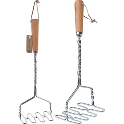 2x Kartoffelstampfer Küchenutensilien Edelstahl Silber Holzgriff 34 cm
