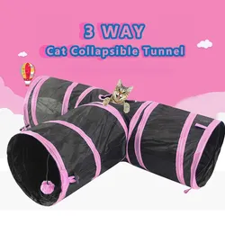 Katzentunnel, 4-Wege-Spieltunnel für Haustiere, zusammenklappbares Tunnelspielzeug für Katzen, Hunde, Kaninchen, Haustiere Tunnel 3 rosa