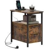 Homcom Beistelltisch Couchtisch mit Aufladestation, USB-Anschlüssen und Steckdosen, Nachttisch mit 2 Schubladen, Regal für Wohnzimmer, Schlafzimmer, Rustikal-Braun