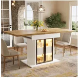 Flieks Esstisch mit LED-Beleuchtung, Glas-Doppeltüren & versteckte Schubladen (Längenverstellbar 110-140x80x78 cm, 1-St., 1 Tisch), ausziehbarer Küchentisch Bürotisch Schreibtisch Holzoptik Weiß weiß