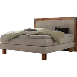 Boxspringbett HASENA "Memphis", beige (beige, akazie grau), B:198cm L:206cm, Komplettbetten, Boxspringbett, im Vintagelook, Massivholz-Umrandung, Tonnentaschen-Federkernmatratze