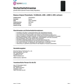 Baseus Airpow 10.000mAh, USB + USB-C, 20W, Schwarz