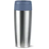 Emsa Travel Mug Eco Isolierbecher, 0,36 l, Comfort-Schraubverschluss, Quick-Press, Öko-Design, 100% dicht, hält Getränke 4h warm und 8h kühl, 360°-Rundum-Trinköffnung, Edelstahl/Blau, N2024100