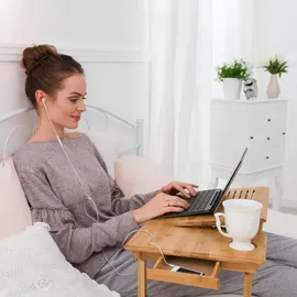 Tectake Laptoptisch, aus Bambus, klappbar und höhenverstellbar, mit USB-Doppellüfter, 55 x 35 x 26 cm, CE, Arbeitszimmer, Schreibtische, Computertische