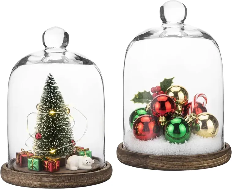MyGift Klarglas-Glocke, Ausstellungs-Glasglocke mit Griff und rustikaler brauner Massivholz-Basis, 2er-Set