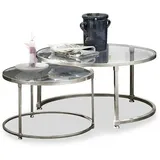 Loberon Couchtisch 2er Set Kabala, Zwei Größen, Ineinander Schiebbar, Wohnzimmertisch, Sofatisch, Aluminiumguss, Glas, Silber