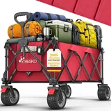 TRESKO® Bollerwagen faltbar 300L mit Bremse | Handwagen klappbar 150kg inkl. Vollgummireifen | Faltbarer Strandwagen Extra Breite All-Terrain-Räder | Transportwagen mit Tragetasche (Rot)