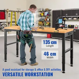 Vevor Höhenverstellbare Werkbank 135 x 46 x 72 - 97 cm Spanntisch, 900 kg Gewichtskapazität Arbeitstisch, Braun Klappbare Werkzeugbank aus Kaltgewalzter Stahl, Multifunktionswerktisch für Lager & Büro