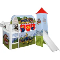 Kinder Hochbett mit Turm & Rutsche JELLE 3054 weiss mit Vorhang Feuerwehrmann Sam 190x90 cm - Weiß