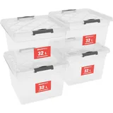 Commerciamo ATHLON TOOLS 4x 32 L Aufbewahrungsboxen mit Deckel, lebensmittelecht - Verschlussclips - 100% Neumaterial Plastik-Box transparent