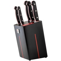 RICHARDSON SHEFFIELD VELOCITY Messerblock bestückt, 6-teilig, schwarz/rot, integierter Messerschärfer, hochwertiges Messer-Set, dreifach vernietete Griffschalen, 130