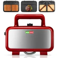 FOHERE 3-in-1-Sandwichmaker mit abnehmbaren Platten (Waffel, Panini, Sandwich), 1200 W, 5 Temperaturstufen, antihaftbeschichtet, leicht zu reinigen rot 23 cm x 12 cm