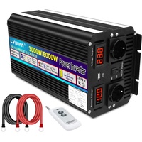 Wechselrichter 12V 230V 3000W /6000W Spannungswandler mit drahtloser Fernbedienung, 2 Steckdose 1 USB und LED-Display