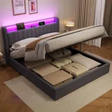 MODFU Polsterbett 180 x 200 Jugendbett mit LED-Licht und Steckdosen,Boxspringbett Bettgestell mit Bettkasten,Stauraumbett,Grau (ohne Matratze) - Grau