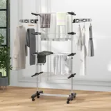 Zusammenklappbarer Wäscheständer Aus Edelstahl Und Kunststoff, Platzsparender, Vertikaler, Ausziehbarer Wäscheturm Mit 6 Rollen, Haken Und 4 Verstellbaren Ablagen Für Den Innenbereich, 142 X 55 X 172