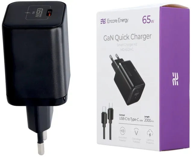 Neues GaN-Netzteil 65W USB-C QC PD + USB-C-Kabel 200 cm Encore Energy MD-652mC