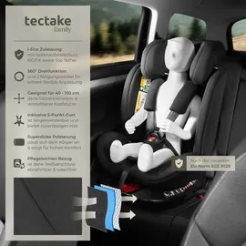 Tectake tectake® Drehbarer Autositz, i-Size Zulassung, ISOFIX-Installation und Top Tether, mit Seitenaufprallschutz, längenverstellbarer 5-Punkt-Gurt, höhenverstellbare Kopfstütze, ab Geburt bis 150 cm, Belastbarkeit 36 kg