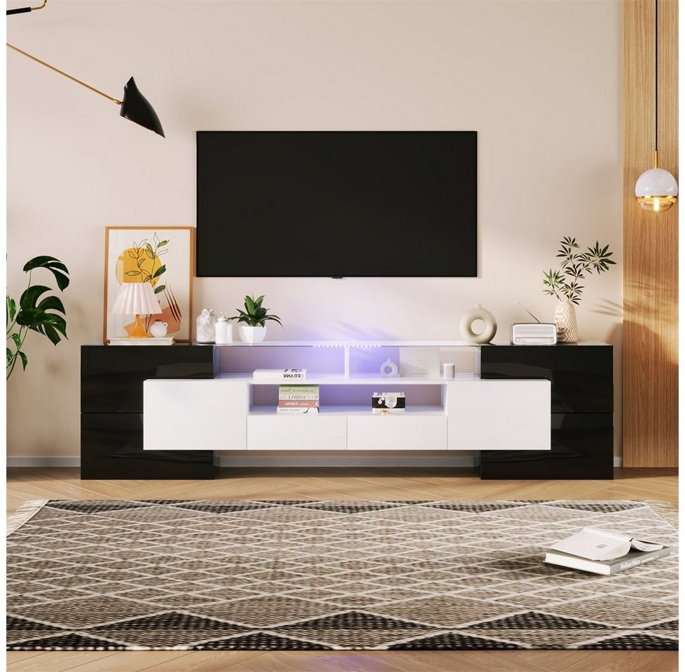 autolock TV-Schrank LED TV Lowboard,TV Halterung(200*30*61cm) mit LED-Beleuchtung TV-Schränke mit sechs Türen, zwei Schubladen und drei Fächern schwarz