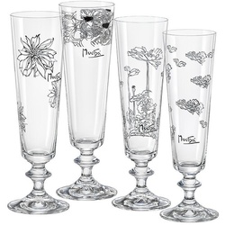 Crystalex Sektglas Sektglas Bella von Mucha 205 ml 4er Set Kristallglas, Kristallglas, 4 verschiedene bedruckte Gläser schwarz|weiß
