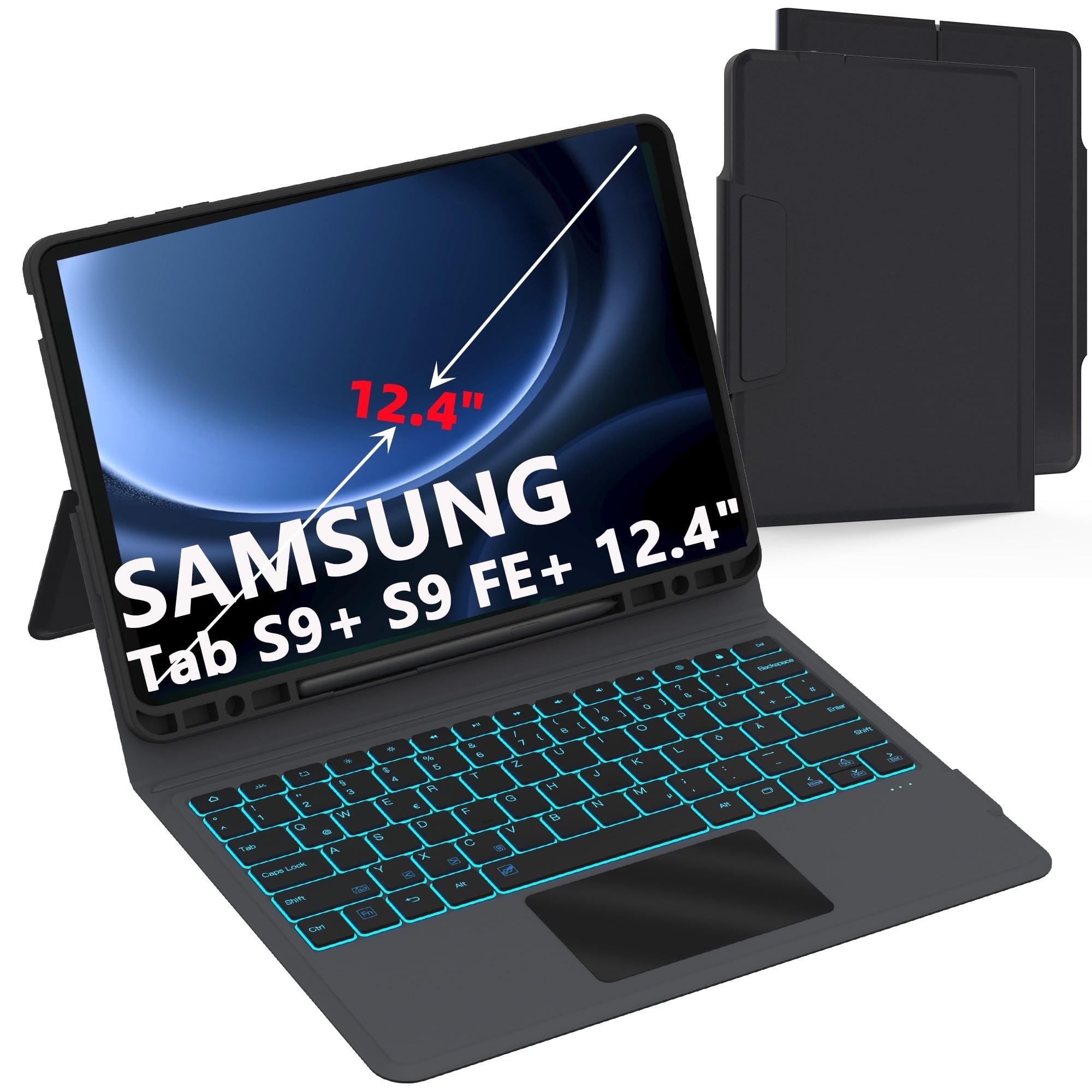 ROOFEI Tastatur Hülle für Samsung Tab S9 FE+/S9 Plus: 12.4 Zoll Galaxy Tab S9 FE Plus Deutsches QWERTZ-Layout Tastatur mit Touchpad | 7-Farbige Beleuchtung Kabellose Tastatur für Samsung Tab S9 FE+