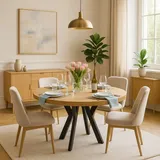 Runder Ausziehbarer Tisch für Esszimmer, PERO, Loft-Stil, Skandinavische, Durchmesser: 90 / 140 cm, Farbe: Lancelot / Schwarz - Schwarz/Hellbraun