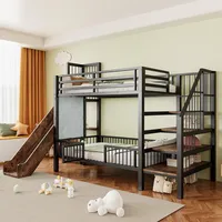 Hochbett Kinderbett Mdf & Metall Schwarz 90x200 Cm Mit Rutsche, Stauraumtreppe Und Regalen