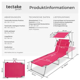 Tectake tectake® Gartenliege, klappbar, 4-fach verstellbare Rückenlehne mit Kopfpolster, 190 x 68 x 65 cm