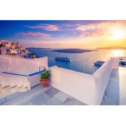 Fototapete PAPERMOON "TERRASSE-SANTORINI SEE MEER STRAND PALMEN DÜNEN SCHIFFE", bunt, B:4,50m L:2,80m, Vlies, Tapeten