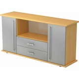 bümö Sideboard Buche/Silber mit Flügeltüren & Regal  - Büromöbel Sideboard mit Schubladen Holz 166cm breit, 45cm schmal, Büro Schrank für Flur oder