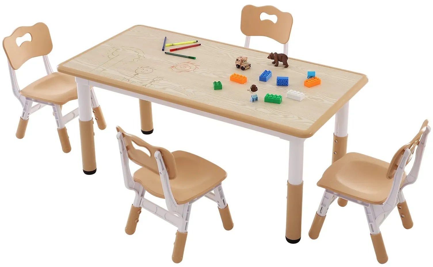 VEVOR Kindersitzgruppe Kindertisch, 4 Kinderstühle 1 Tisch Kindersitzgruppe aus PP, Kindertisch-Set Einstellbar 48,2-57,2 cm / 27-31 cm für Kinder, Mädchen, Spielzimmer Stabiles Kindermöbelset