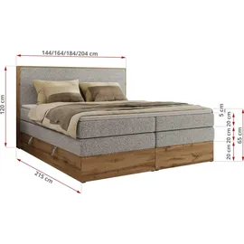 MKS Meble Boxspringbett WOOD CLASSIC KING, Doppelbett mit zwei Multipocket-Matratze und Toppper, hohe Kopfteil, Stauraum - 180 x 200 cm - H3 - Hellgrau