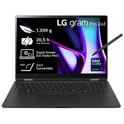 LG gram Pro 2in1 16T90SP-K.AA78G, Convertible, mit 16 Zoll Display Touchscreen, Intel® CoreTM Ultra 7 155H Prozessor, GB RAM, 1 TB SSD, Arc® GPU, Schwarz, Windows 11 Home (64 Bit)