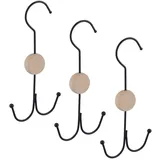 Relaxdays Gürtelhalter, 3er Set, 2 Haken für Gürtel, Taschen, Krawatten, Gürtel Organizer Schrank, Metall, Holz, schwarz