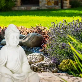 Relaxdays Buddha Figur, großer Gartenbuddha sitzend, 70 cm creme